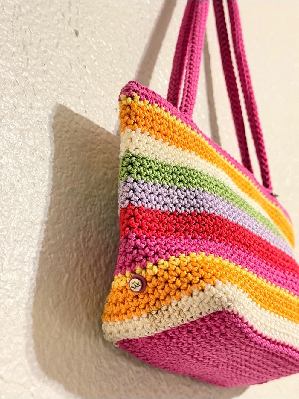 The Sak Small Handbag Knit Crochet Striped Fully Lined Purse Zipper Closure
